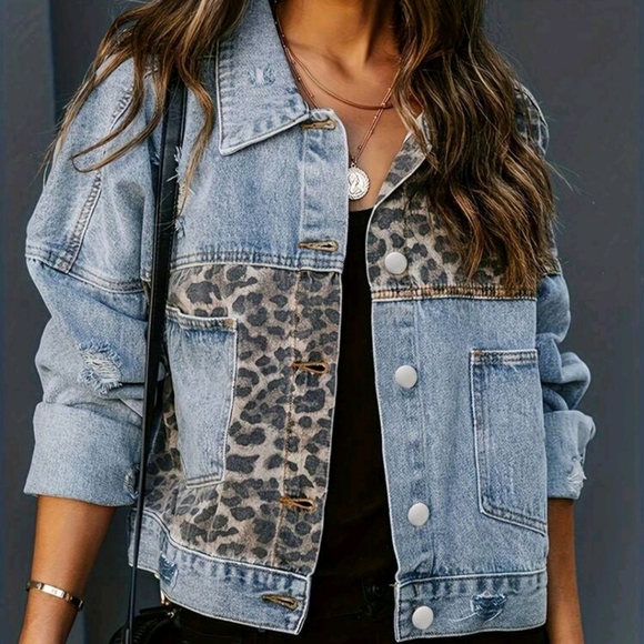 Buttoned Vintage Leopard Print Denim Jacket, Washed Long Sleeved Ripped Jacket - Picture 3 of 5